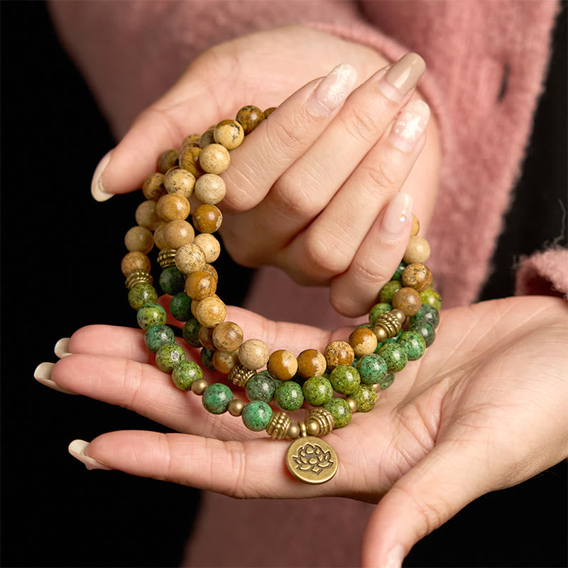 108 Mala Picture Jasper Turquoise Lotus Bracelet - wrap strands on open palms, turquoise and jasper, Stability