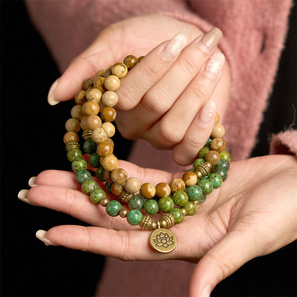 108 Mala Picture Jasper Turquoise Lotus Bracelet - wrap strands on open palms, turquoise and jasper, Stability