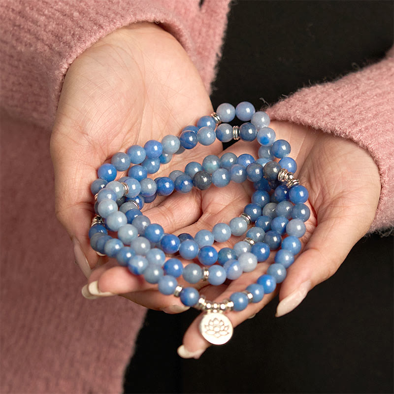 108 Mala Blue Aventurine Lotus Calm Bracelet – blue gemstone wrap bracelet with silver lotus in both hands, Clarity