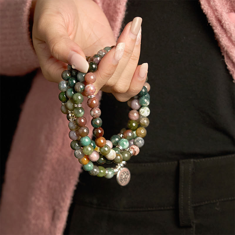 Indian Agate Lotus Mala Bracelet - gathered in hands, bohemian