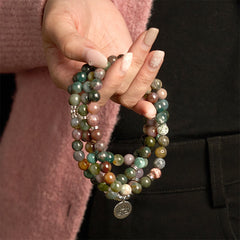 Indian Agate Lotus Mala Bracelet - wrapped on wrist, earthy charm