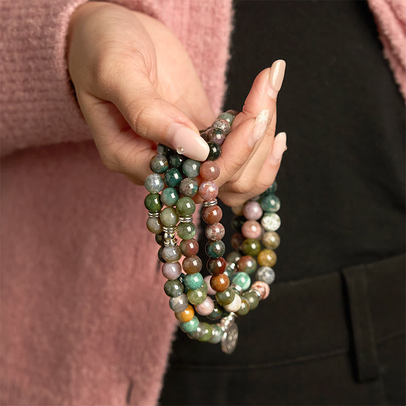Indian Agate Lotus Mala Bracelet - hand-held stack, calming
