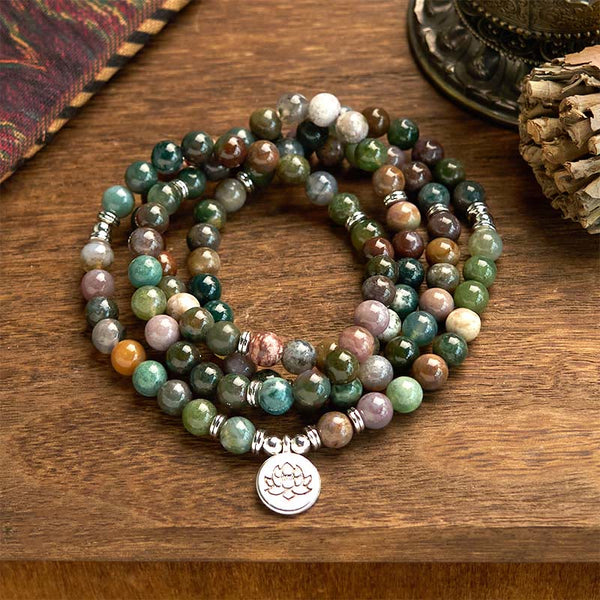 Indian Agate Lotus Mala Bracelet - earthy beads coiled on wood, grounding
