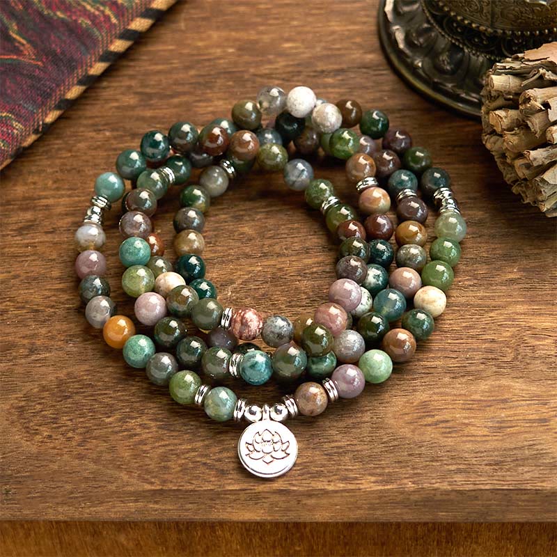 Indian Agate Lotus Mala Bracelet - earthy beads coiled on wood, grounding