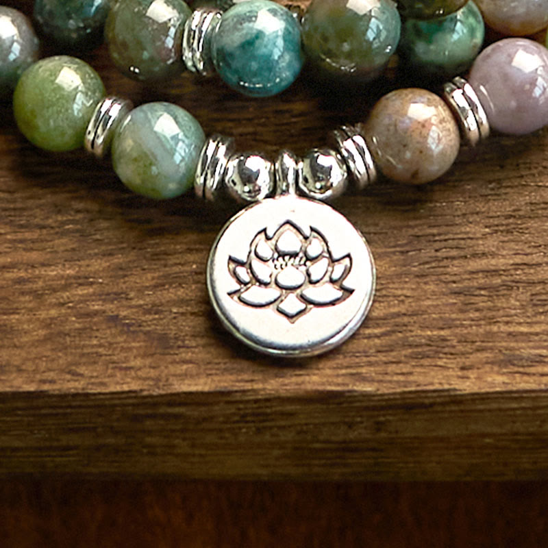 Indian Agate Lotus Mala Bracelet - lotus charm detail, spiritual