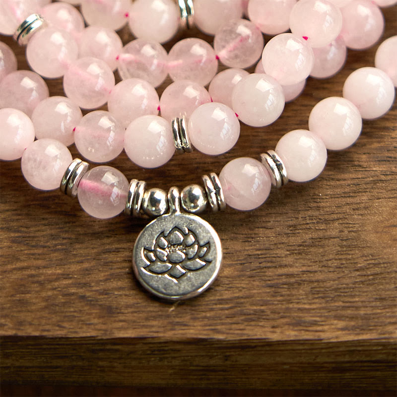 Rose Quartz Lotus Mala Bracelet - lotus pendant detail, mindful