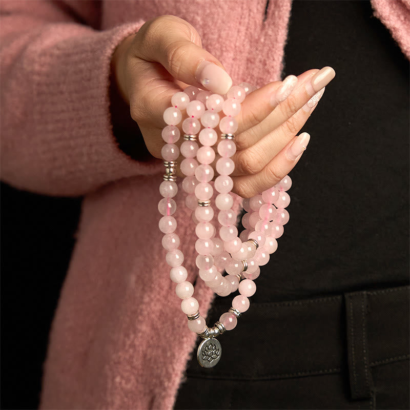 Rose Quartz Lotus Mala Bracelet - wrapped on wrist, elegant
