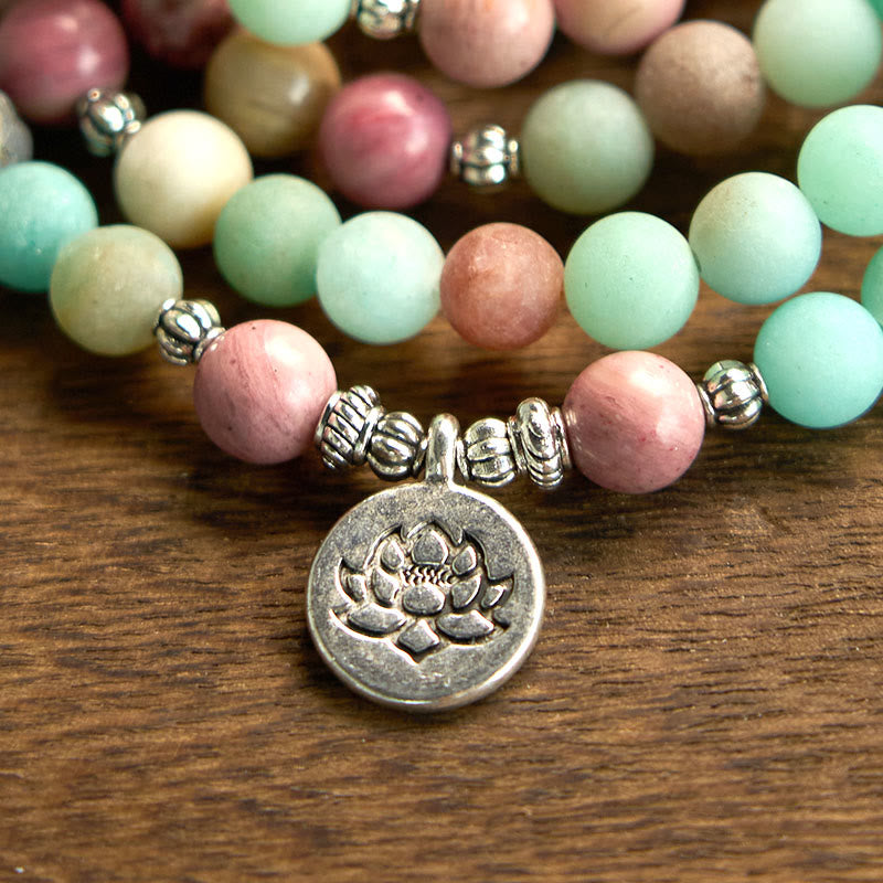 Mala Rhodonite Amazonite Lotus Bracelet - lotus charm focus on wood, mindful artisanal