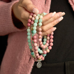 Mala Rhodonite Amazonite Lotus Bracelet - stacked on wrist, pastel love, feminine