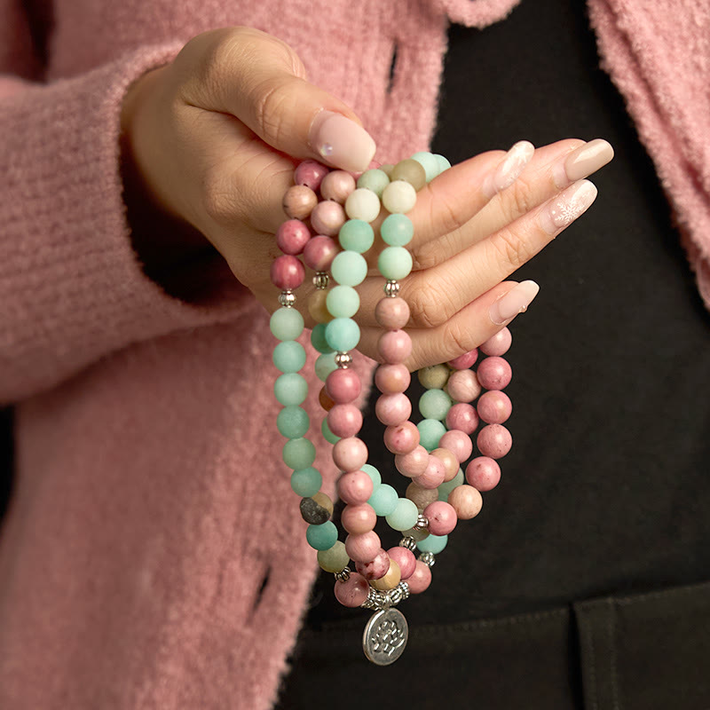 Mala Rhodonite Amazonite Lotus Bracelet - stacked wraps in hand, nurturing love