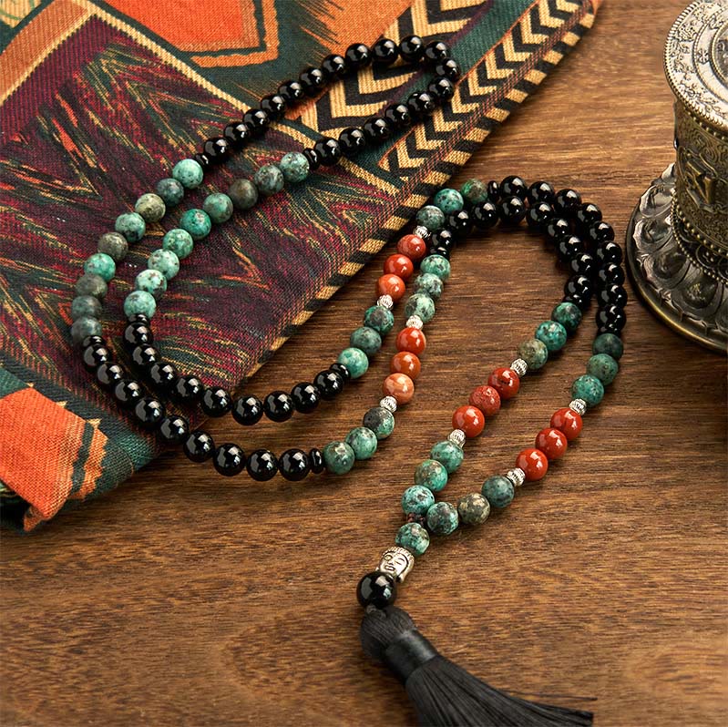 108 Mala Black Onyx Red Jasper Turquoise Bracelet – Wrapped four times on wrist, layered mala style