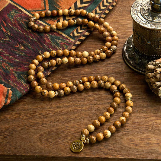 Mala Picture Jasper Lotus Bracelet - S-curve on wood, earthy spiritual grounding