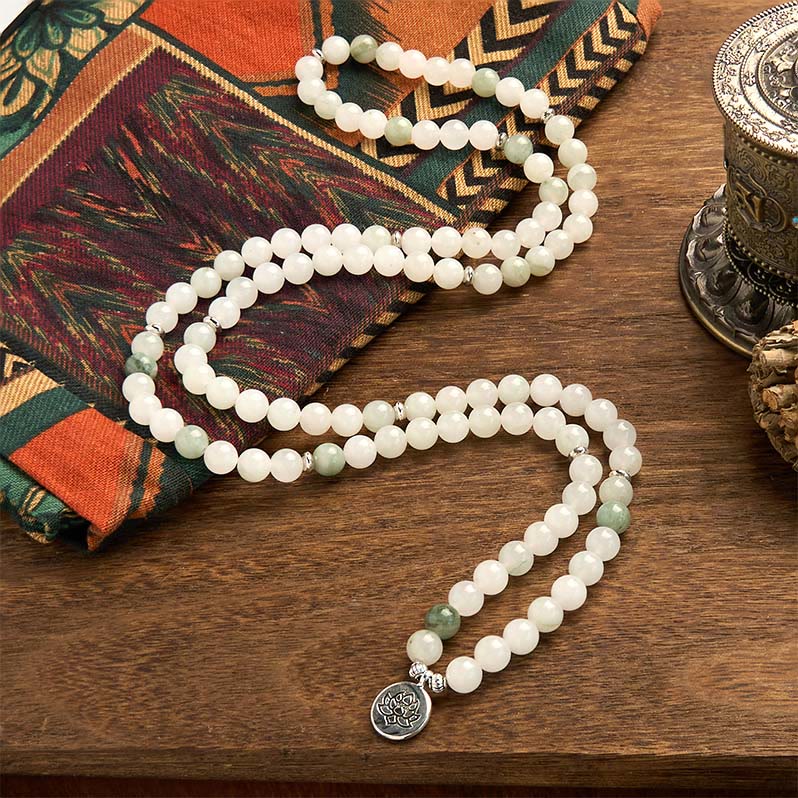 108 Mala Tianshan Jade Lotus Bracelet - serpentine drape on wood with tribal fabric, lotus guru bead, harmony