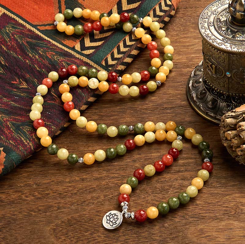 108 Mala Topaz Jasper Lotus Bracelet - S-curve on wood with prayer wheel, full strand, spiritual