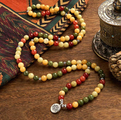 108 Mala Topaz Jasper Lotus Bracelet - S-curve on wood with prayer wheel, full strand, spiritual