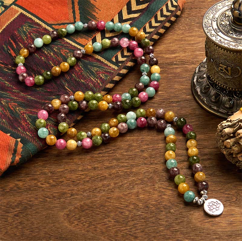 108 Mala Tourmaline Lotus Wisdom Bracelet - pink green yellow beads on dark wood, silver spacer accents, Wisdom
