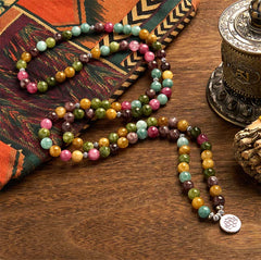 108 Mala Tourmaline Lotus Wisdom Bracelet - pink green yellow beads on dark wood, silver spacer accents, Wisdom