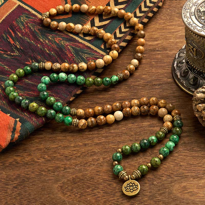 108 Mala Picture Jasper Turquoise Lotus Bracelet - earth tone and green beads draped, lotus charm, Stability