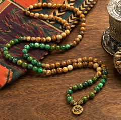 108 Mala Picture Jasper Turquoise Lotus Bracelet - earth tone and green beads draped, lotus charm, Stability