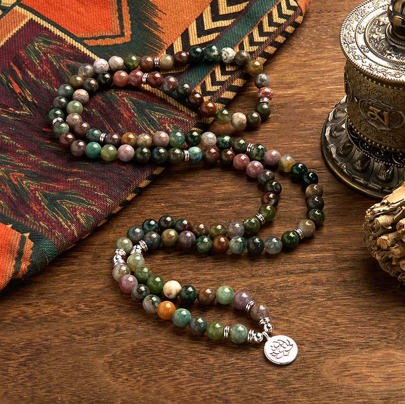 Indian Agate Lotus Mala Bracelet - 108 beads in flowing curve, balanced