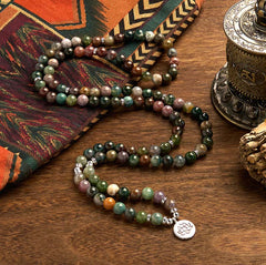 Indian Agate Lotus Mala Bracelet - 108 beads in flowing curve, balanced