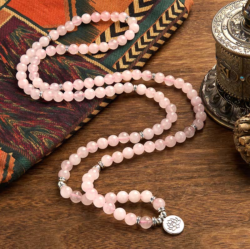 Rose Quartz Lotus Mala Bracelet - 108 beads in S-curve, spiritual