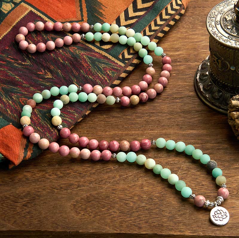 Mala Rhodonite Amazonite Lotus Bracelet - S-curve on wood, boho spiritual balance