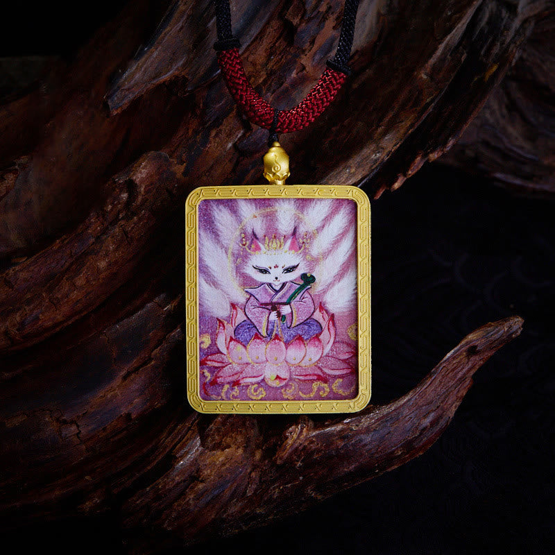 Tibetan Zakiram Nine-Tailed Fox Thangka Necklace – close-up of nine-tailed fox deity artwork, vibrant colors
