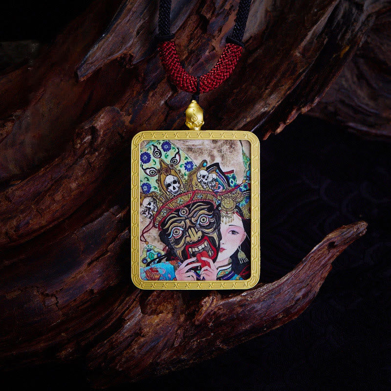 Tibetan Zakiram Nine-Tailed Fox Thangka Necklace – model wearing necklace at collarbone, ethnic fashion