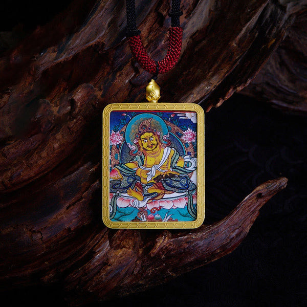 Tibetan Zakiram Nine-Tailed Fox Thangka Necklace – displayed on velvet jewelry tray with soft lighting
