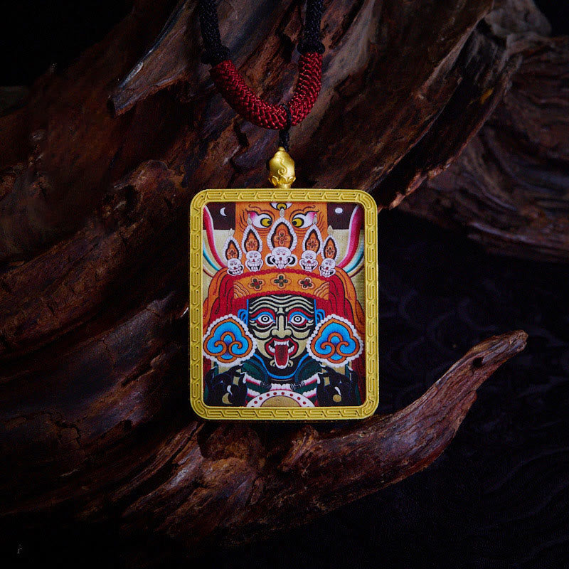 Tibetan Zakiram Nine-Tailed Fox Thangka Necklace – Zakiram deity full artwork, yellow wealth goddess
