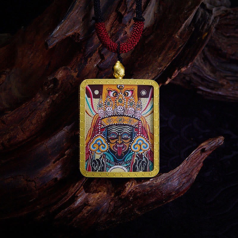 Tibetan Zakiram Nine-Tailed Fox Thangka Necklace – worn by male model, unisex spiritual accessory style