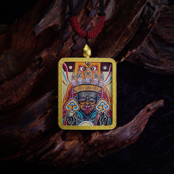 Tibetan Zakiram Nine-Tailed Fox Thangka Necklace – worn by male model, unisex spiritual accessory style