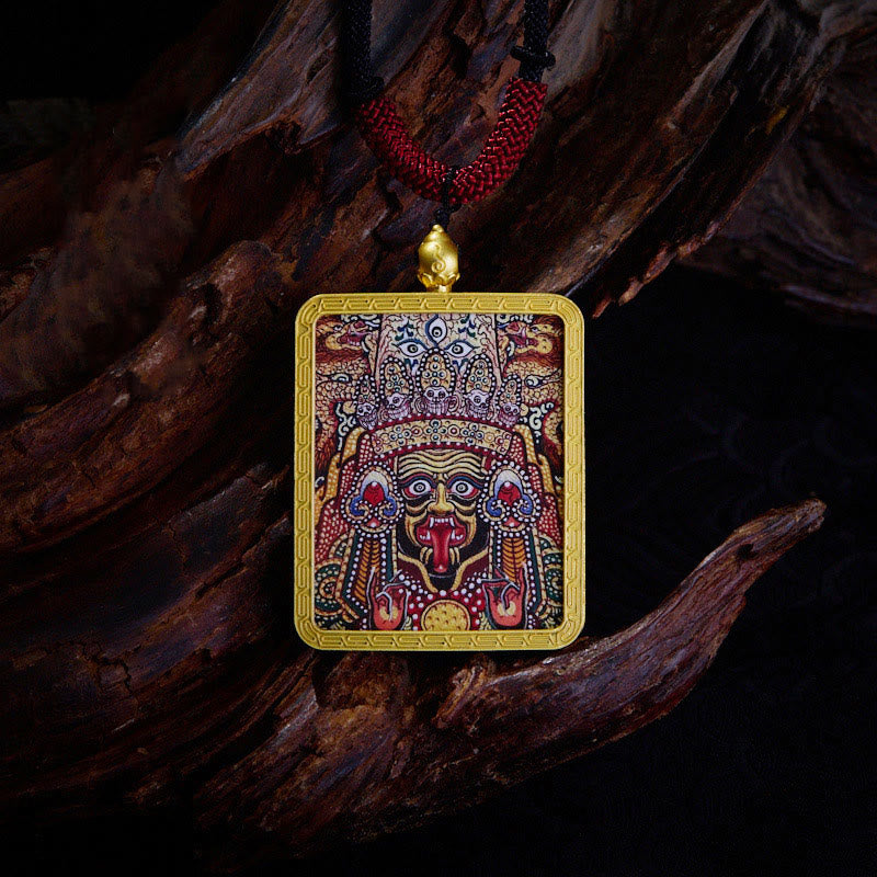 Tibetan Zakiram Nine-Tailed Fox Thangka Necklace – Thangka color palette close-up, mineral pigment detail