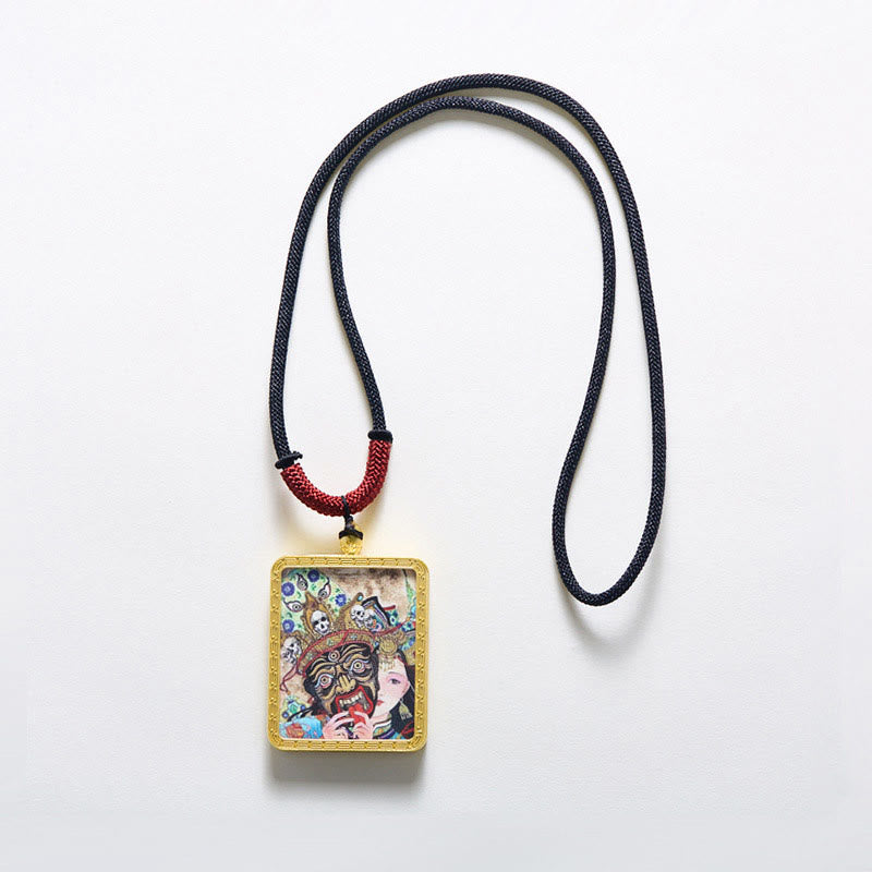 Tibetan Zakiram Nine-Tailed Fox Thangka Necklace – gold-plated frame edge detail, ornate border design