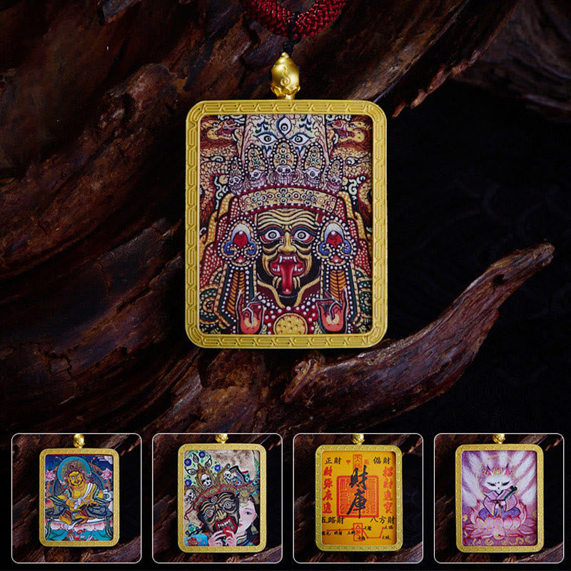 Tibetan Zakiram Nine-Tailed Fox Thangka Necklace – hand-painted Thangka pendant with gold frame, spiritual jewelry