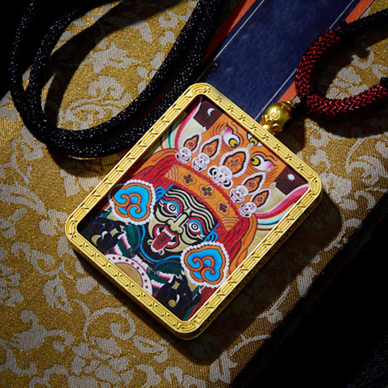 Tibetan Zakiram Nine-Tailed Fox Thangka Necklace – cord knot detail, adjustable sliding macrame closure