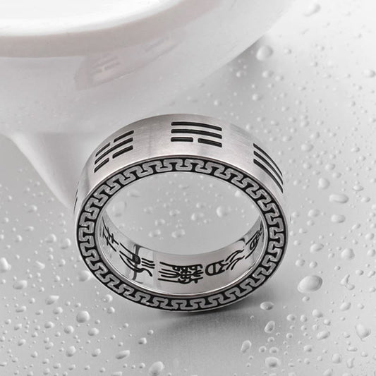 Bagua Ring - Brushed silver band with Bagua trigram patterns and Greek key border, wisdom ring