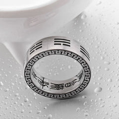 Bagua Ring - Brushed silver band with Bagua trigram patterns and Greek key border, wisdom ring