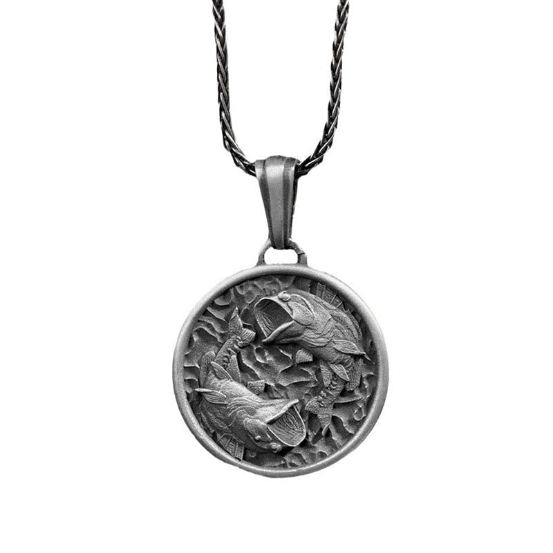 Pure Tin Koi Fish Necklace – bass fish medallion on white, antiqued silver, braided chain, fishing jewelry
