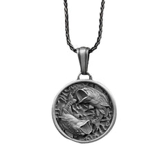 Pure Tin Koi Fish Necklace – bass fish medallion on white, antiqued silver, braided chain, fishing jewelry