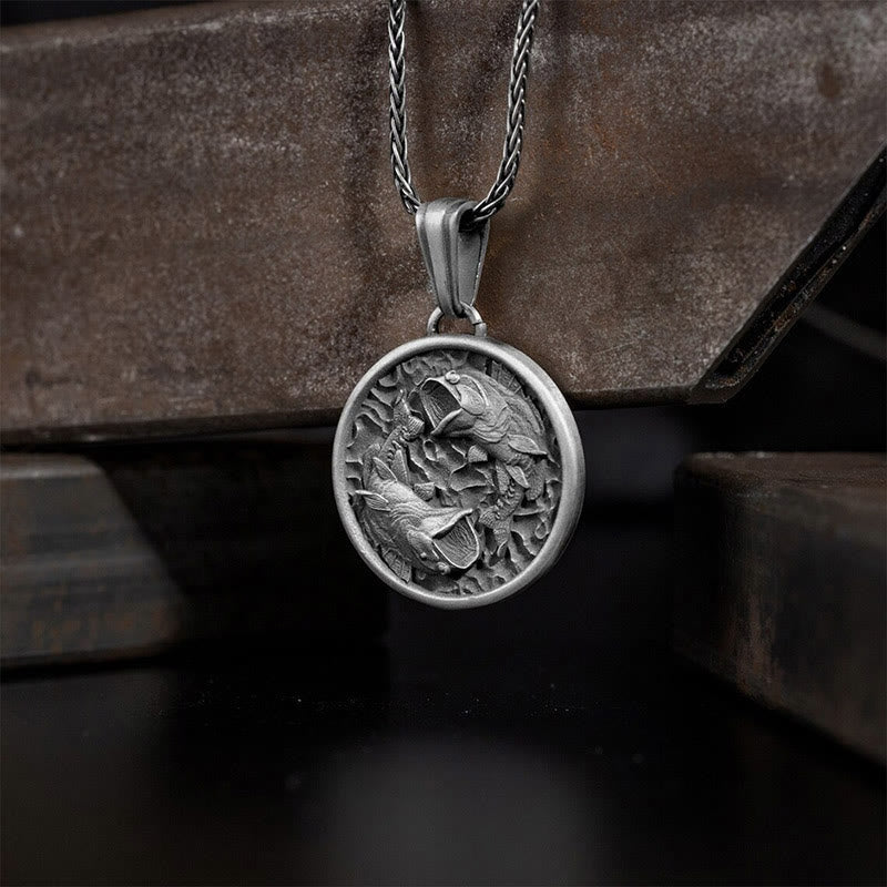 Pure Tin Koi Fish Necklace – two koi yin yang pendant, industrial background, oxidized silver, braided chain