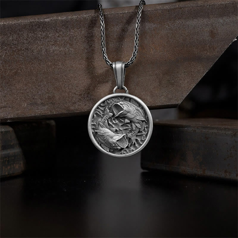 Pure Tin Koi Fish Necklace – dual koi medallion on rusted metal, antiqued silver, braided chain, masculine