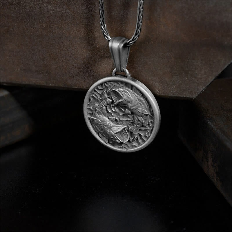 Pure Tin Koi Fish Necklace – twin koi circular pendant, oxidized finish, braided chain, dramatic, wealth symbol