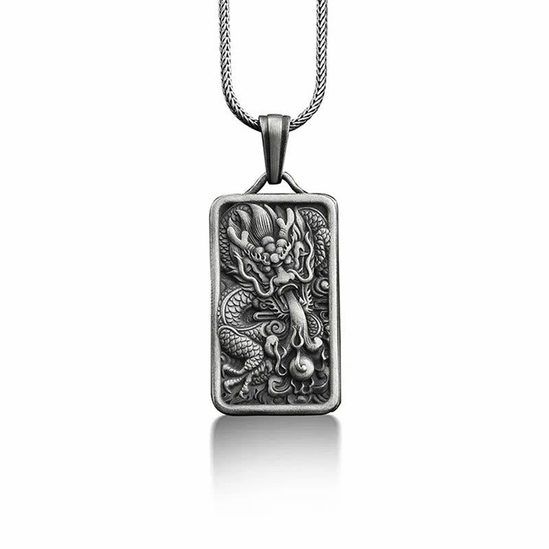 Pure Tin Dragon Pendant Necklace – dragon embossed tag on white wheat chain, Artisan