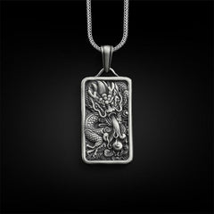 Pure Tin Dragon Pendant Necklace – antique silver dragon relief on black bg, Powerful