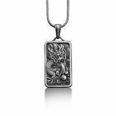 Pure Tin Dragon Pendant Necklace – dragon embossed tag on white wheat chain, Artisan