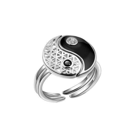 Yin Yang Cuff Ring - Adjustable open band with geometric lattice and black enamel, spiritual ring