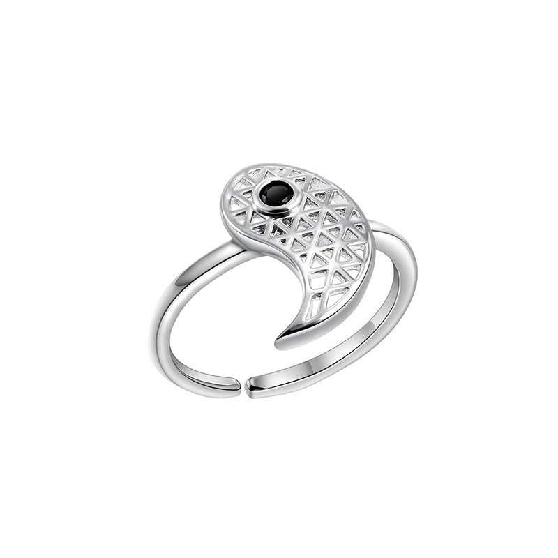 Yin Yang Cuff Ring - Silver lattice half-ring with black stone, geometric cutout open band