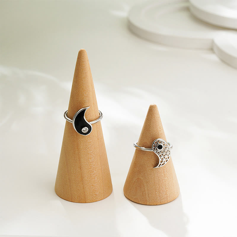Yin Yang Cuff Ring - Couple rings set on kraft display cones, silver yin-yang matching jewelry